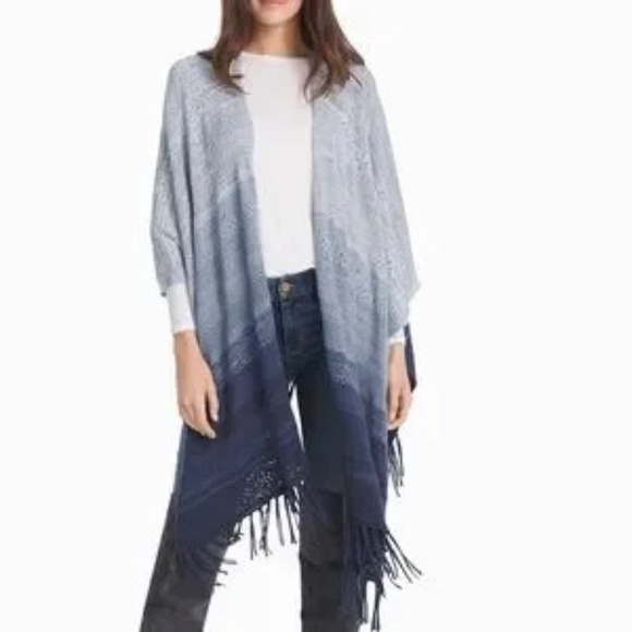 White House Black Market Ruana Ombre Sweater M/L Open Front Fringe Shawl Wrap - Picture 1 of 9
